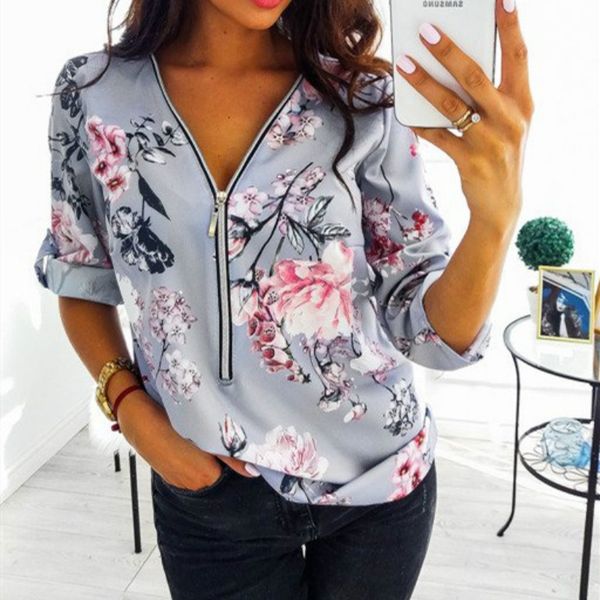 

autumn large size women 2019 casual v neck shirt ladies front zipper blouse loose floral print tunic shirt camisa feminin, White