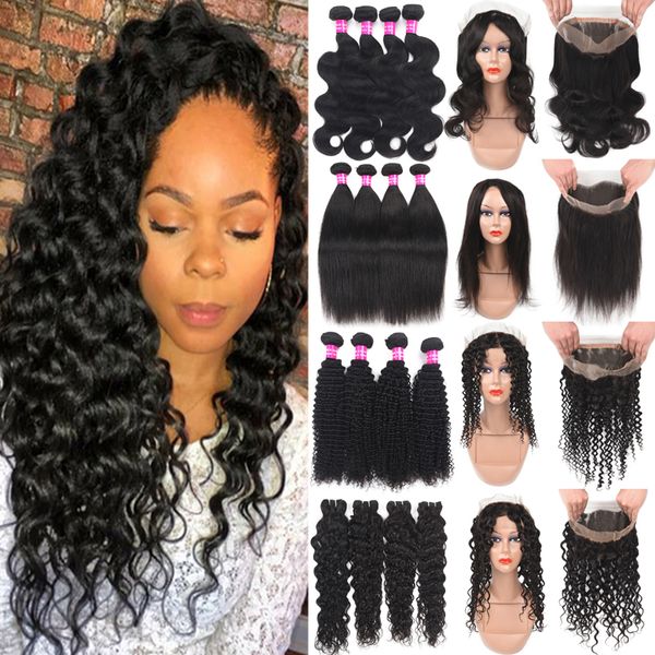 

9a brazilian virgin hair deep wave 360 lace frontal closure with bundles malaysian peruvian human hair bundles loose wave with lace closure, Black;brown