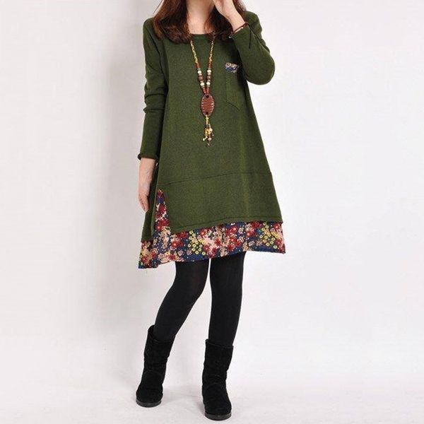 

spring autumn o-neck women dress long sleeve casual loose dress floral patchwork hem female with pocket plus size 5xl, Black;gray
