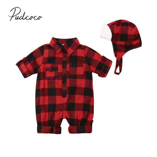 

2019 baby autumn winter clothing 0-3y xmas newborn infant kids baby boys girls plaid romper+hats 2pcs single breasted jumpsuits, Blue