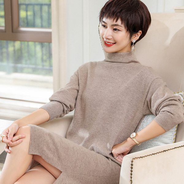 

alkmene 2019 autumn and winter long section high collar knit cashmere sweater loose split party sweater pullover, White;black