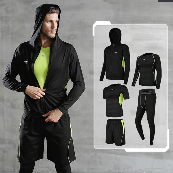

5 pcs/set men's tracksuit gym fitness compression sports suit clothes running jogging sport wear exercise workout tights, Black;blue