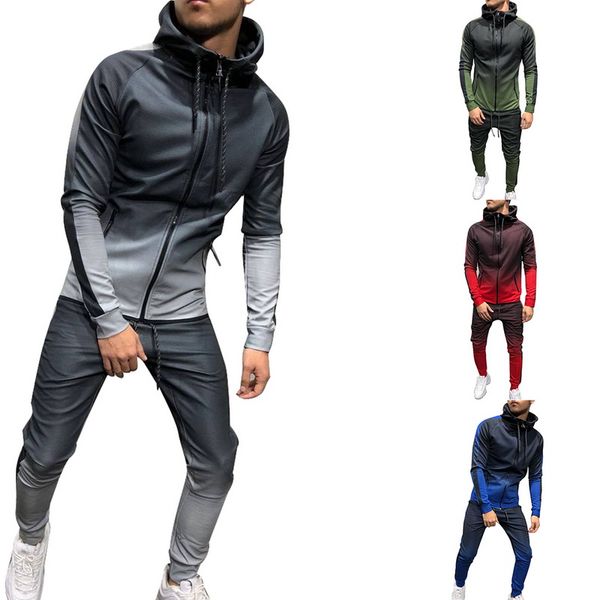 

heflashor mens spring 2 pcs suit sets sportwear hoodie jackets &sweatpants tracksuit fashion casual gradient print joggers suit, Gray
