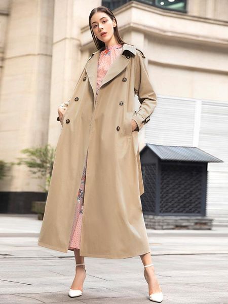 

spring fashion office lady khaki long coat british style windbreaker with belt coat turn-down collar full length overcoat, Tan;black