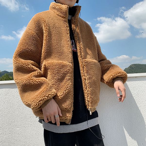 

2019 winter men's thickening lamb parkas short casual snow jackets keep warm coats male white/camel color cotton-padded clothes, Black