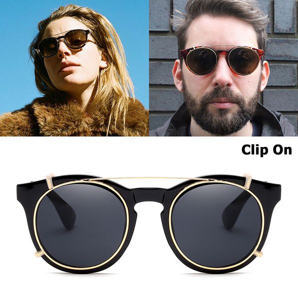 

jackjad 2019 new fashion clip on steampunk style round sunglasses lens removable brand design vintage sun glasses, White;black