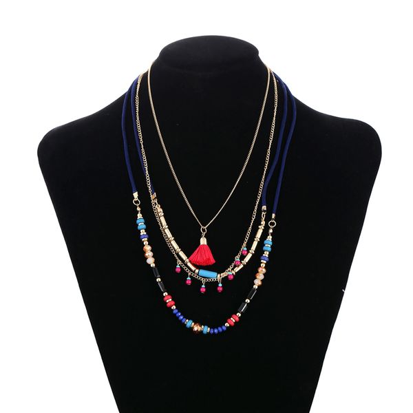 

fashion tassel necklace women multilayers long bohemian necklace accessories colorful beads velvet party jewelry, Silver