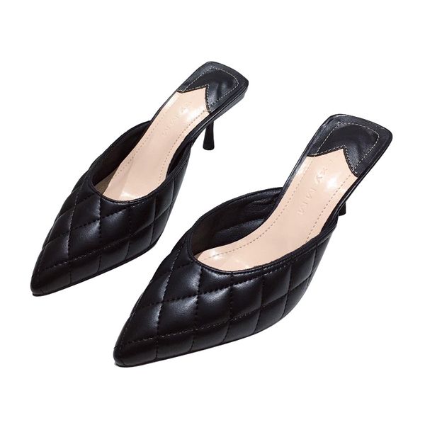 

2020 new plaid pointed toe stiletto heels women black white color pumps simple casual slip-on thin heels footwear