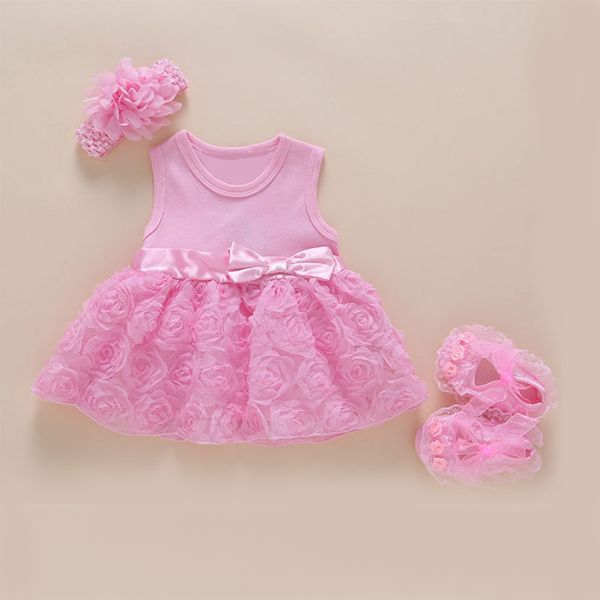 

NewBorn Baby Girls Infant Dress Clothes Birthday Party Christening Gown Sleeveless Bebe Girls Shoes Headband Dresses 3pcs Set