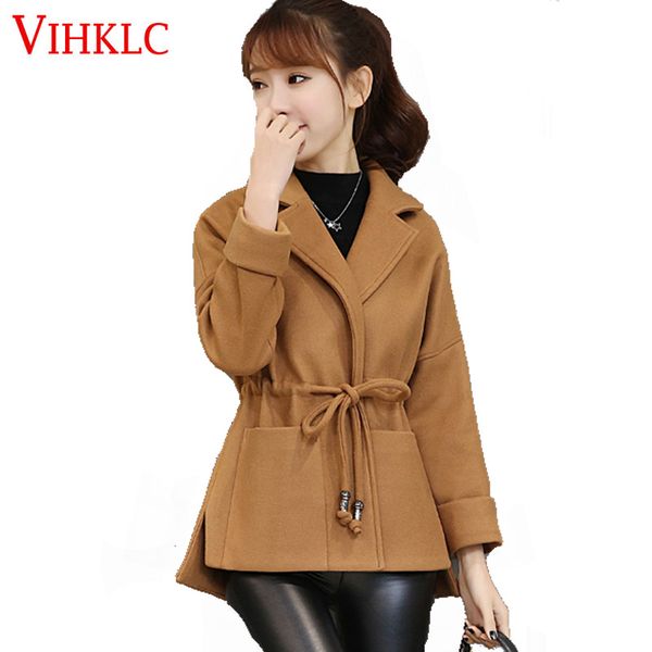 

2017 spring autumn fashion women coat casual plus size wool coat women turn-down collar waist short jacket female h881, Black
