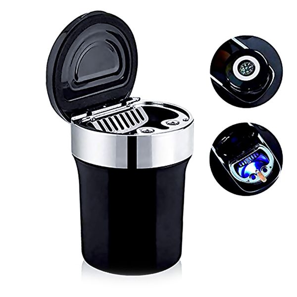 

auto car ashtray portable led illuminated car smokeless cigarette ashtray with lid and compass