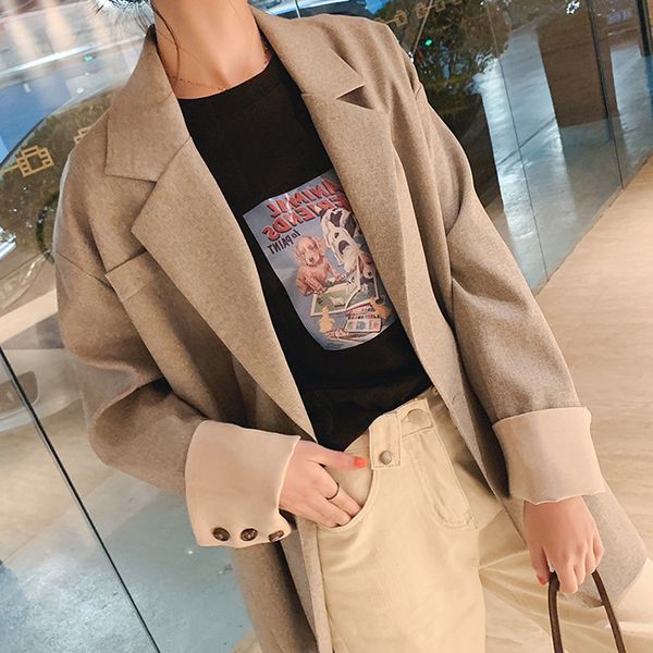 

ewq] 2019 autumn new pattern office lady style loose full sleeve single breasted wide-waisted turn-down colla suit coat af603, Black;brown