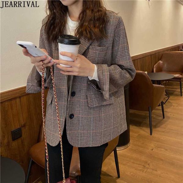 

korean style double breasted plaid blazer women pockets jacket female work office wear retro suit loose outwear blazers, White;black