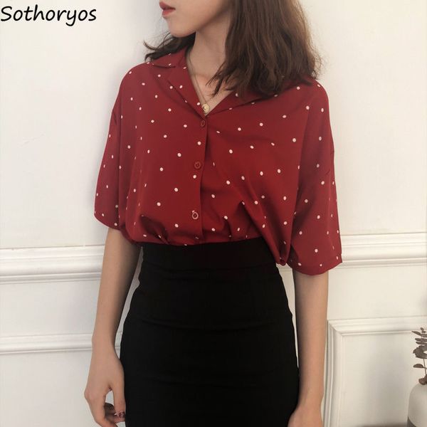 

blouses women polka dot turn-down collar chiffon single breasted basic korean style chic casual trendy thin loose office ladies, White