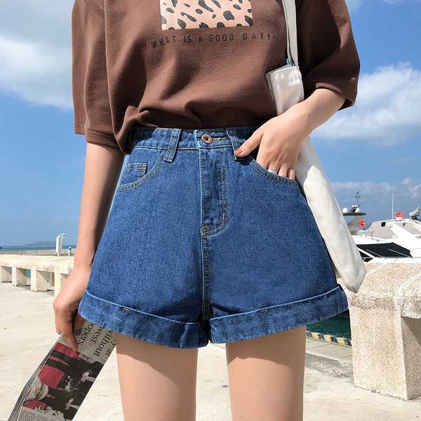 

aurkrrvn loose aline jean shorts female solid casual roll up hem oversize high waist shorts denim wide leg summer woman, Blue