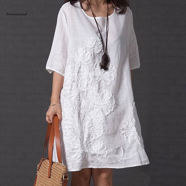 

ethnic chineses dress casual cotton women summer round neck solid color beach folk half sleeve loose applique designer clothes, Black;gray