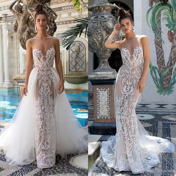 

2019 кружевные свадебные платья berta lace без спинки со съемным шлейфом. богемские свадебные платья, White