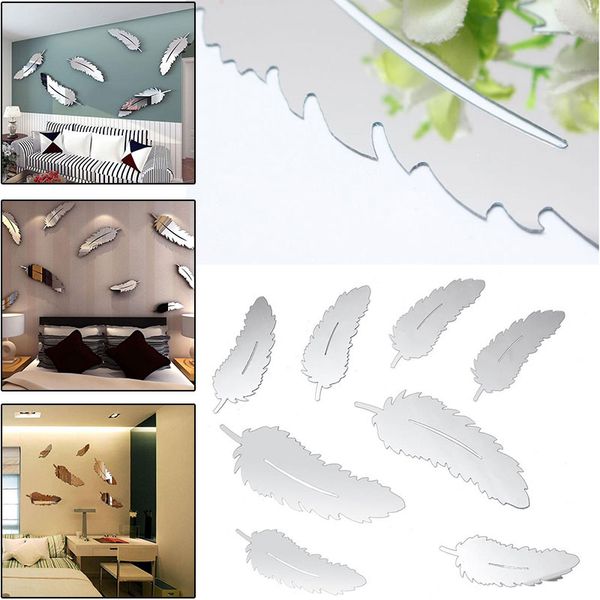 

creative 8pcs feather designed 3d mirror craft kid child wall stickers