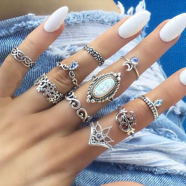 

boho midi knuckle finger кольца наборы для женщин пляж опал кристалл полумесяца древнее серебро геометрические кольца чешские ювелирные изде, Golden;silver