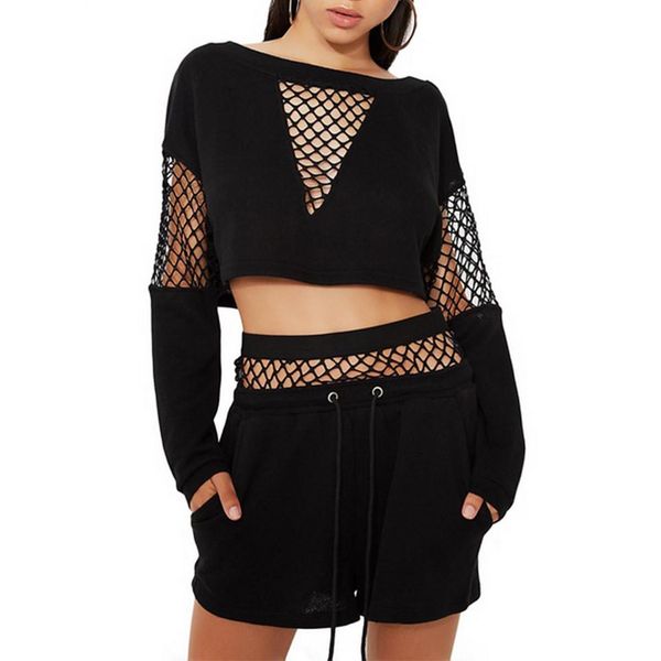 

casual 2 piece outfits for women tracksuit hollow out crop and short pants fashion long sleeve track suit female famous, Gray