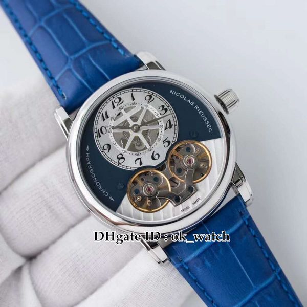 

new nicolas rieussec 316l steel case double tourbillon mens automatic watch blue dial blue leather strap gents popular watches, Slivery;brown
