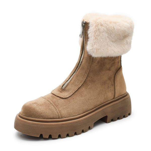 

women boots warm winter boots for women shoes front zipper pltform ankle boot cow suede botas mujer plush ladies snow, Black