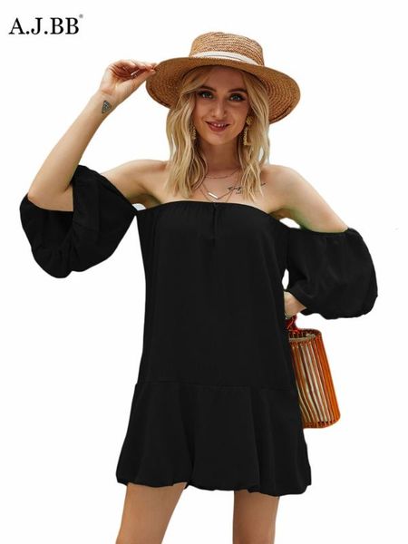 

european summer solid color off shoulder dress fashion slim lantern sleeve women's short sleeve skirt, Black;gray