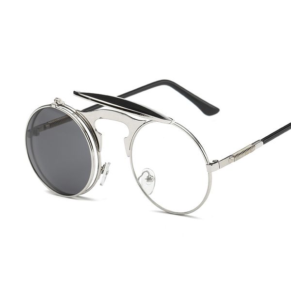 

flip up gothic steampunk sunglasses round brand vintage sun glasses designer metal retro men women flat clamshell goggles, White;black