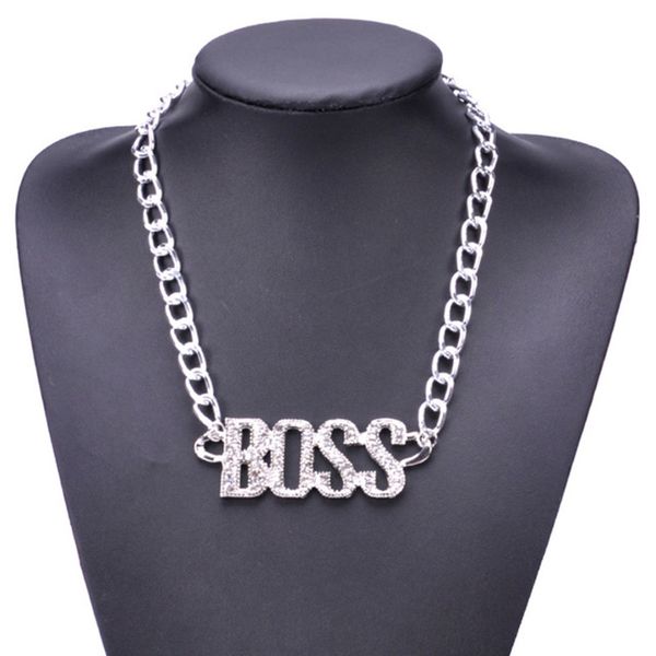 

punk gothic boss necklace with full rhinestone for men rock hip hop charm choker chain necklace retro personalized, Silver