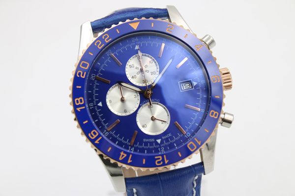 

phantom blue face quartz mens watches platinum skeleton three tone with annual calendar satch leather belt watch men, Slivery;brown