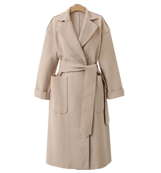 

new elegant long wool coat wide-waisted solid wool blend coat and jacket single button women coats autumn winter, Black