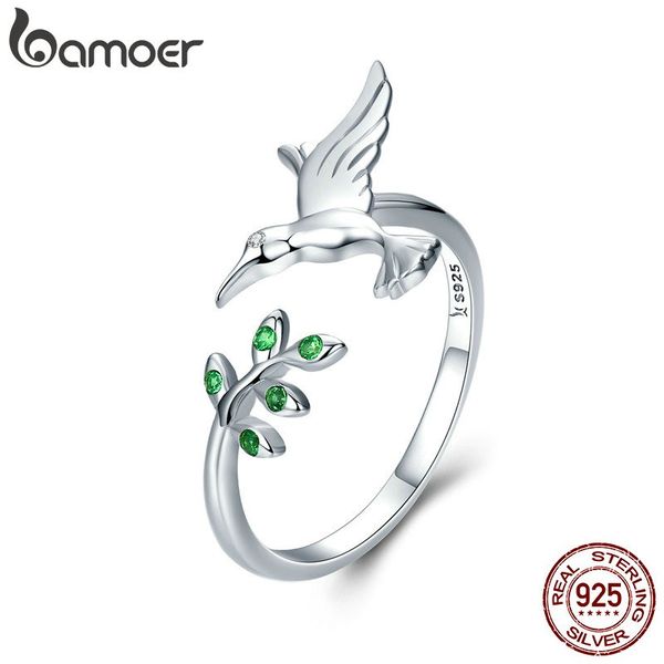 

bamoer authentic 925 sterling silver bird & spring tree leaves open size finger rings for women sterling silver jewelry scr323