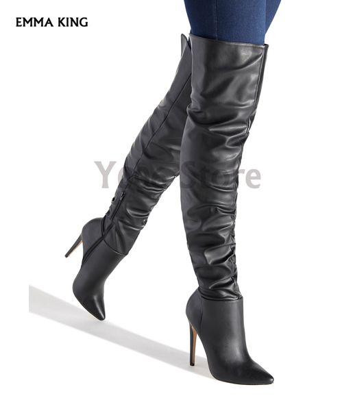 

new slouchy thigh-high heeled boots women pointed toe over the knee boots fashion stiletto heel botas mujer heels ladies shoes, Black