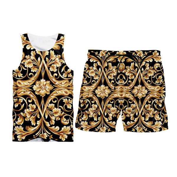 

3d men's sets tank + shorts set male summer 3d golden flowers printed sportsuit set street casual hip hop tracksuits, Gray
