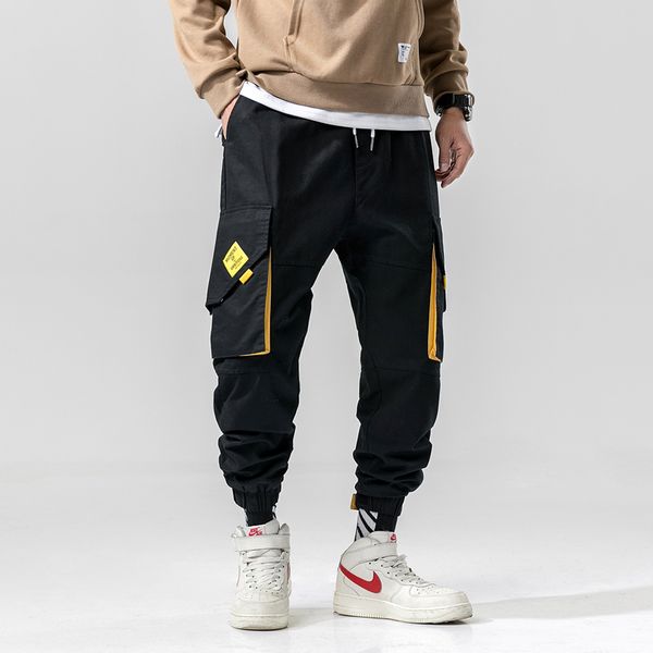 

novo vintage stylish multi-pockets panelled men's pencil pants hip hop autumn casual cargo jogger trousers elastic waist, Black