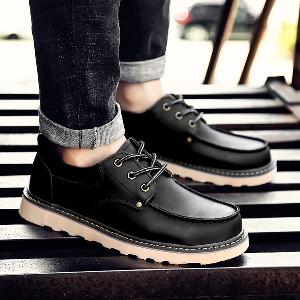 

genuine leather men's casual shoes outdoor widened round head lace-up handmade breathable fashion flats men footwear men shoes, Black