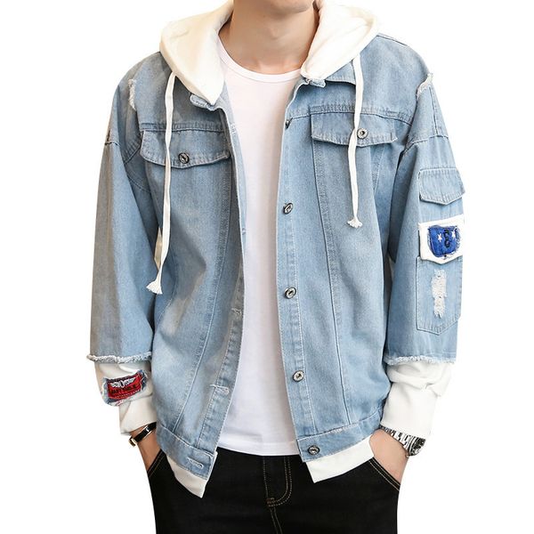 

mens denim jackets men fashion tide jacket with hole 2019 autumn casual fake two pieces hooded solid men clothing size s-3xl wholesale, Black;brown