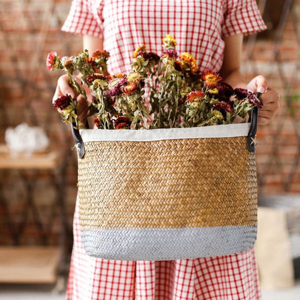 

grass handmade seaweed flower/cosmetics basket double-eared woven storage basket