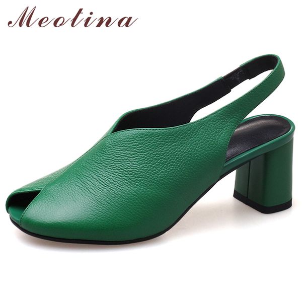 

meotina high heels women pumps natural genuine leather block high heels shoes cow leather peep toe shoes ladies green size 34-39, Black