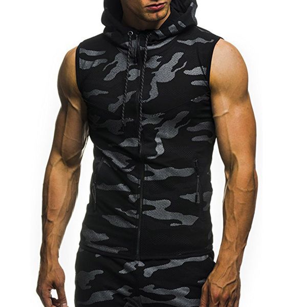 

brand 2018 hoodie summer casual camouflage print hooded sleeveless vest blouse cardigan tracksuit male sweatshirt hoody, Black
