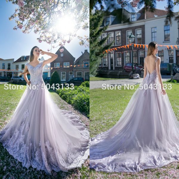

romantic lace appliques a line lavender wedding dresses 2020 v neck backless beading wedding bride gowns with sleeves, White