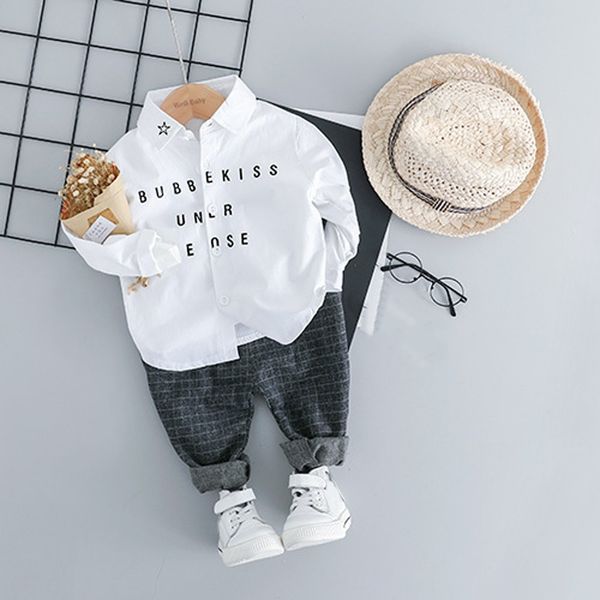 

baby clothing set baby boy clothes toddler kids boys long sleeve gentleman letter t-shirt plaid pants trousers outfits, White