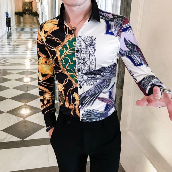 

лоскутные рубашки мужчин вскользь с длинным рукавом slim fit сорочка homme манш longue камиза masculina black gold key chain shirt men, White;black