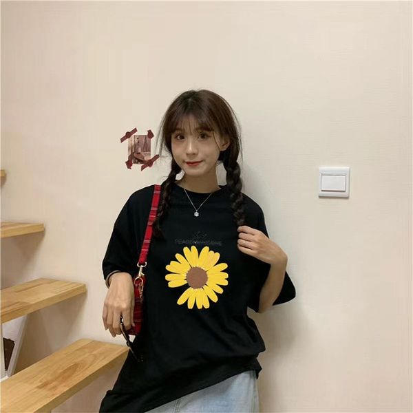 

daisy short-sleeved female t-shirt men's and women's round collar night market t-shirt, White