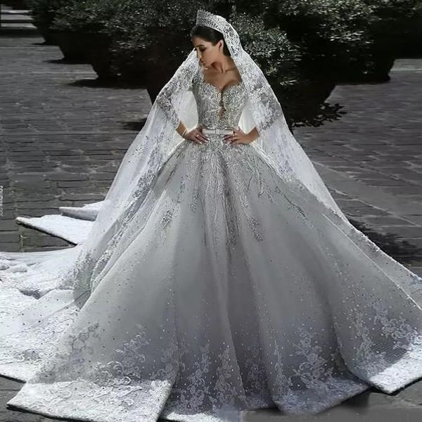 

new luxurious beaded arabic ball gown wedding dresses glamorous half sleeves tulle appliques beaded sequins fitted bridal gowns, White