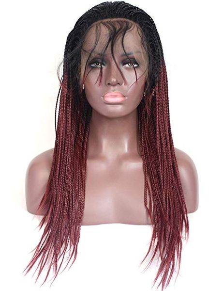 Ombre Wine Red Micro Braided Lace Front Wigs Dark Roots Burgundy Synthetic Heat Resistant Hair Braiding Styles Wig For Black Women 18inches Wholesale