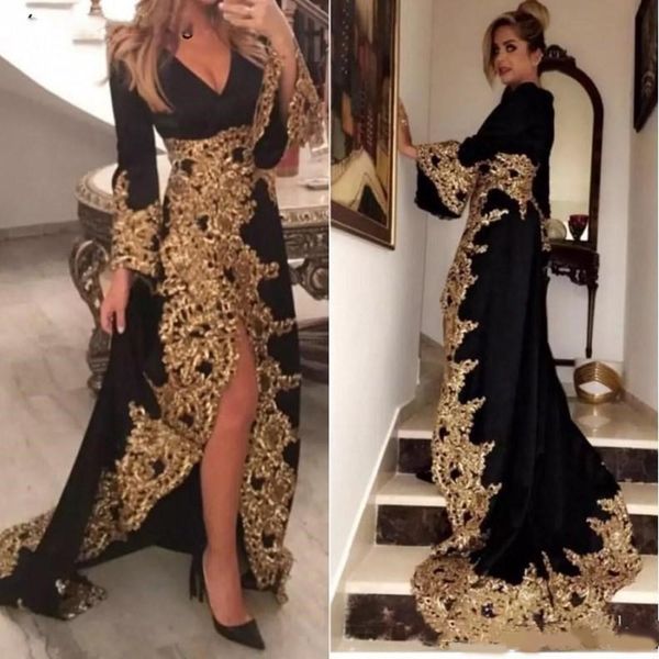 

kaftan dubai style muslim evening dresses long sleeves black velour gold appliques ladies formal prom gowns abiye gece elbisesi, Black;red