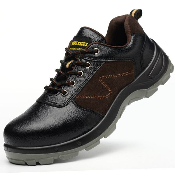

large size mens casual breathable steel toe cover work safety shoes genuine leather worker shoe outdoors security boots zapatos, Black