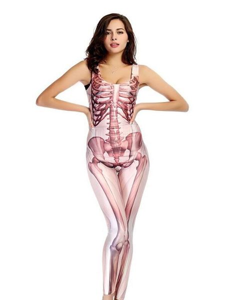 

black/white women halloween skeleton bone pattern jumpsuit fancy dress sleeveless catsuit skinny bodysuit scary costume, Black;red