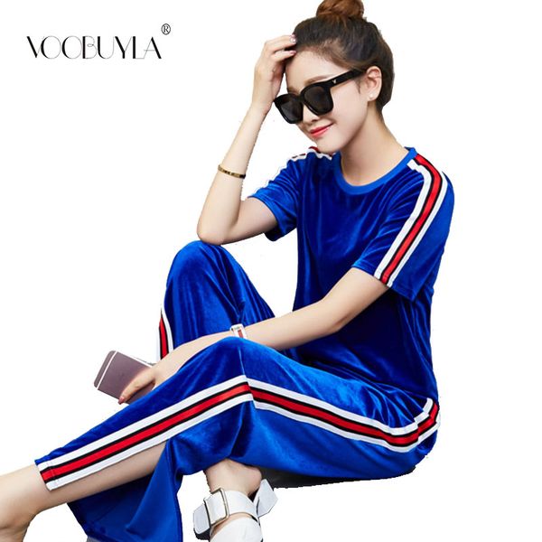 

voobuyla summer tracksuit sportwear velvet striped pant suits two piece set women and track suit split wide leg pants m-3xl, Black;blue